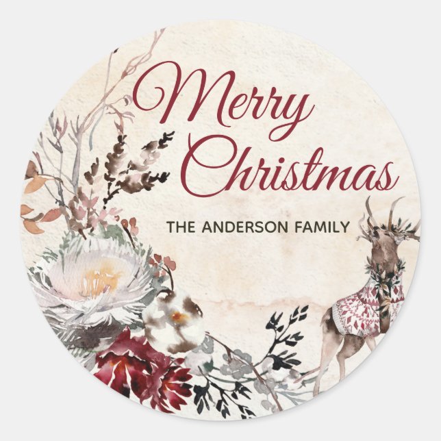 Forest Deer Merry Christmas with Name Runder Aufkleber (Vorderseite)