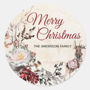 Forest Deer Merry Christmas with Name Runder Aufkleber