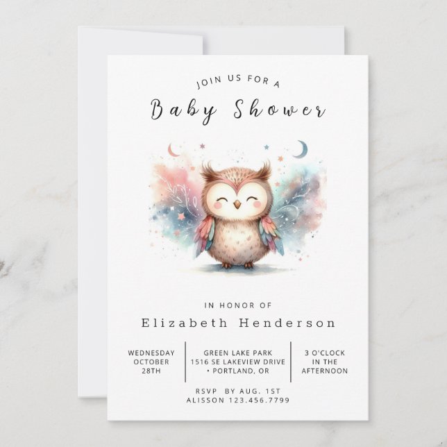 Forest Digital Owl Baby Dusche Einladung (Vorderseite)