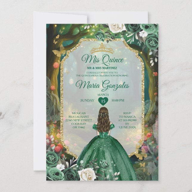 Forest Emerald Green Quinceañera Einladung (Vorderseite)