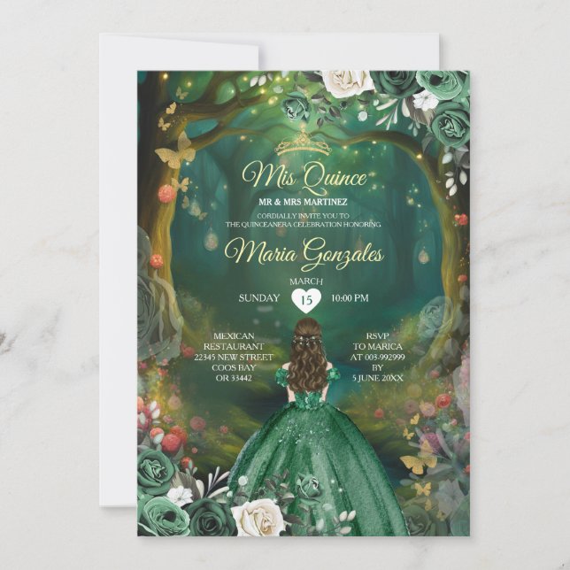 Forest Enchanted Emerald Green Quinceañera Einladung (Vorderseite)