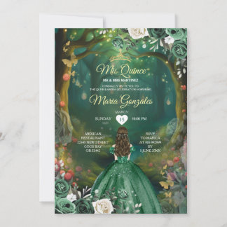 Forest Enchanted Emerald Green Quinceañera Einladung