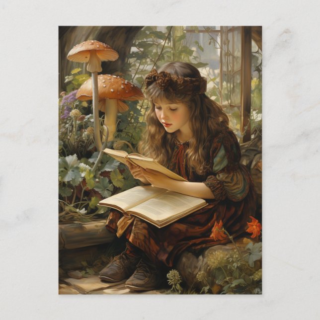 Forest Fairy Reading a Book Mushrooms Postkarte (Vorderseite)