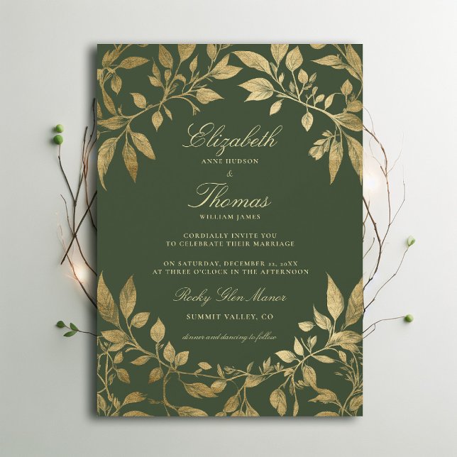 Forest Foliage Botanical Elegant Script Wedding Einladung (Moody Forest Foliage Frame Modern Classic wedding invitation emerald green gold elegant)