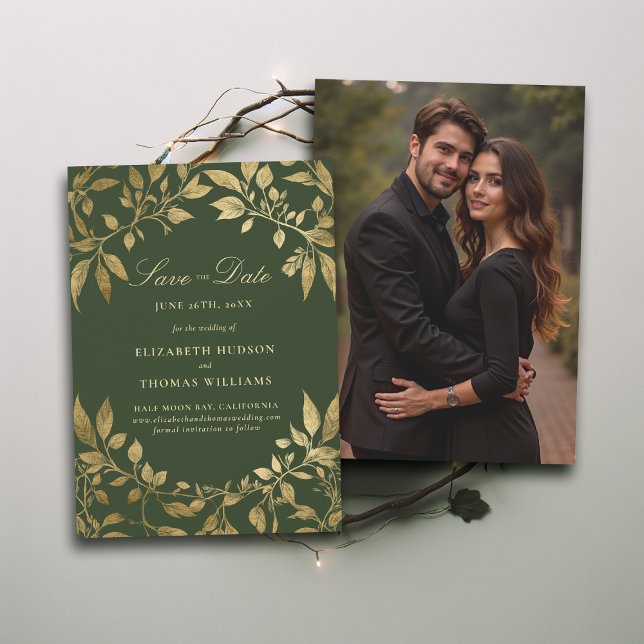 Forest Foliage Magical Photo Wedding Save Date Einladung (Forest Foliage Botanical Photo Wedding Save Date Invite Enchanted Magical Fairy Tale Moody Gold)
