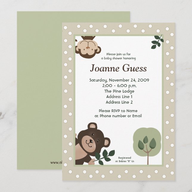 Forest Friends Bear & Monkey Baby Dusche Einladung (Vorne/Hinten)