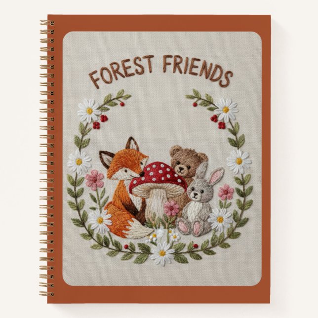 Forest Friends Embroidered Fox, Bear & Bunny Notizbuch (Vorderseite)