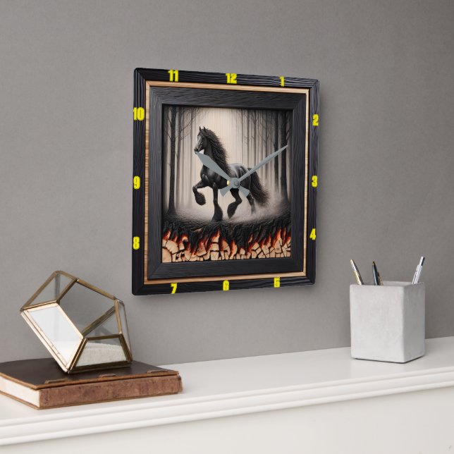 Forest Gallop: Personalisierter Charred Wood Fries Quadratische Wanduhr (Büro)