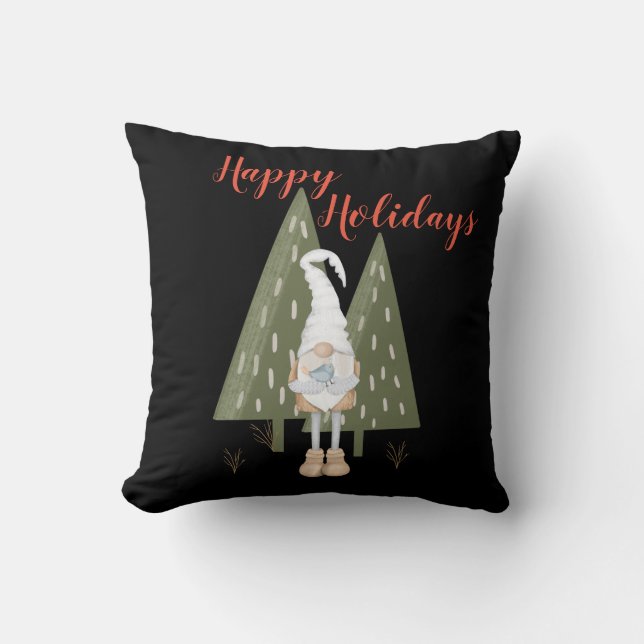 Forest Gnome Happy Holidays Black Throw Kissen (Vorderseite)