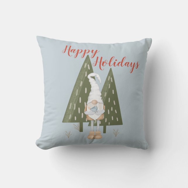 Forest Gnome Happy Holidays Ice Blue Kissen (Vorderseite)
