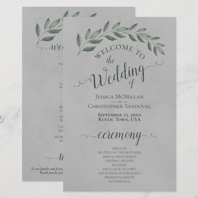 Forest Green Blätter on Grey Budget Wedding Progra (Vorne/Hinten)