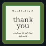 Forest Green Border Simple Gastgeschenk Hochzeit Quadratischer Aufkleber<br><div class="desc">Mit dieser einfachen,  textbasierten Gastgeschenk Hochzeit machen Sie eine Erklärung von schlichter Eleganz und bedanken sich bei einem Aufkleber mit einer Grenze von reichhaltigem Waldgrün und einem kleinen Akzent von Kelly Green. Verwenden Sie die Anpassungsoption,  um die Farben und Schriftart zu ändern,  um Ihr Hochzeitstil Anzug zu geben.</div>