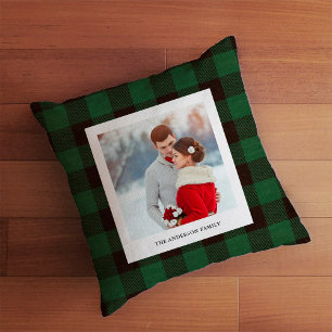 Forest Green Buffalo Plaid Family Photo Kissen