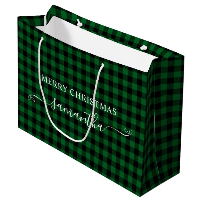 Forest Green Buffalo Plaid Merry Christmas Bows Große Geschenktüte (Vorderseite Schrägansicht)