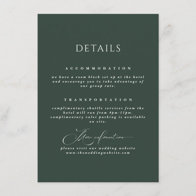 Forest Green Calligraphy Wedding Details Card Begleitkarte (Vorderseite)
