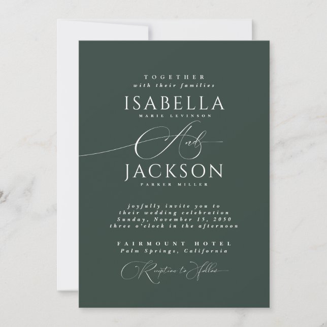 Forest Green Classic Calligraphy Chic Wedding Einladung (Vorderseite)