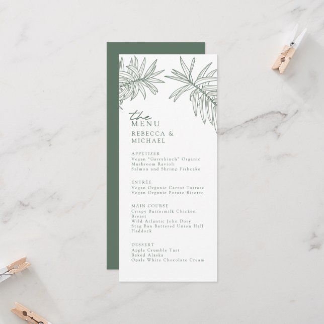 Forest Green Elegante Botanische Hochzeitsmenü (Vorderseite/Rückseite Beispiel)