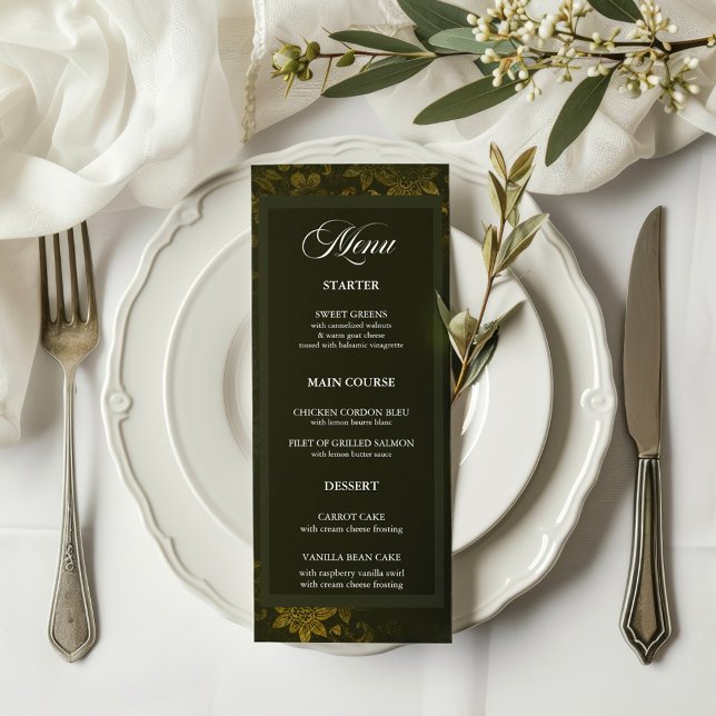 Forest Green & Elegante Gold Floral Wedding Menü Menükarte (Von Creator hochgeladen)