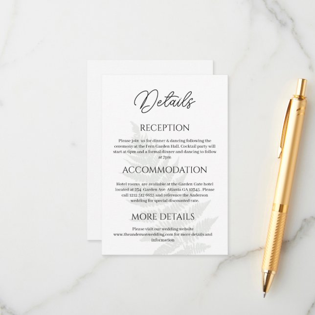 Forest Green Ferns Wedding Details Enclosure Card Begleitkarte (Vorderseite/Rückseite Beispiel)
