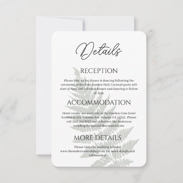 Forest Green Ferns Wedding Details Enclosure Card Dankeskarte (Vorderseite)