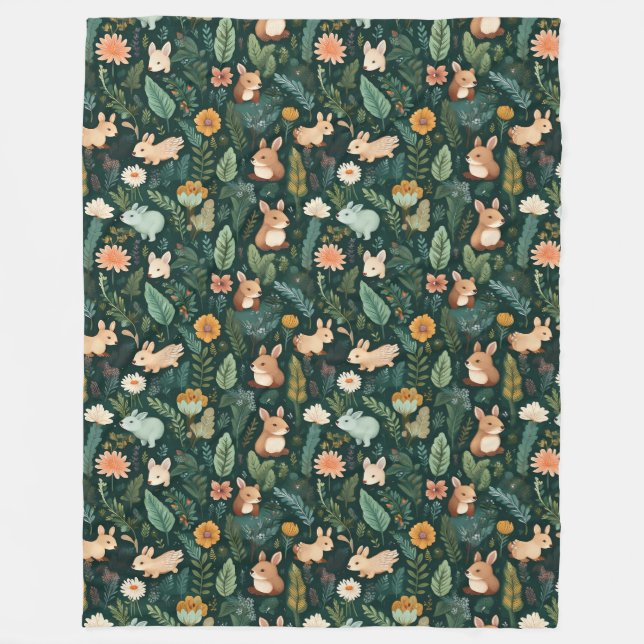 Forest Green Fleece Blanket mit lebhaften Tieren (Vorderseite)
