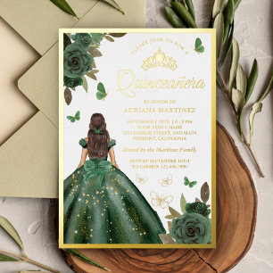 Forest Green Floral Butterfly Quinceanera Gold Folieneinladung