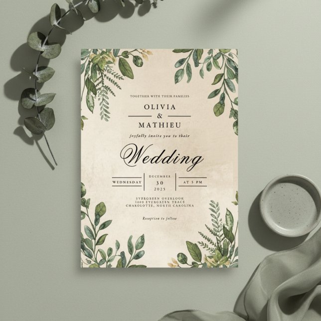 Forest Green Foliage Frame Wedding Einladung (Von Creator hochgeladen)