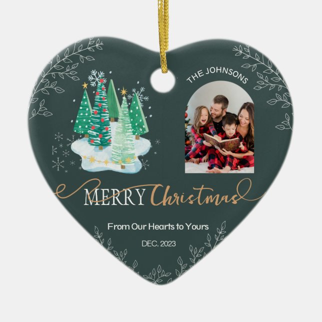 Forest Green Heart Shape Family Foto Ornament (Vorne)