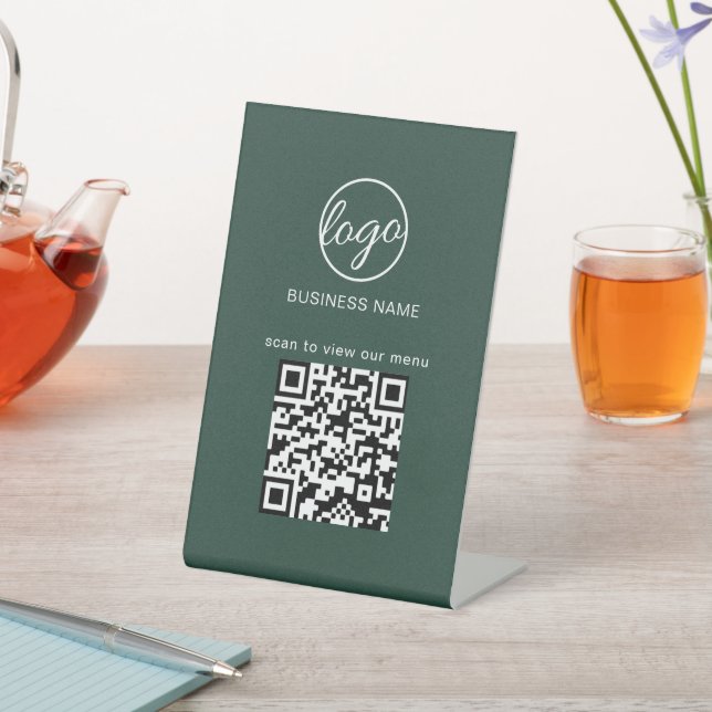 Forest Green Menu Restaurant Business Logo QR Code Sockelschild (In SItu)