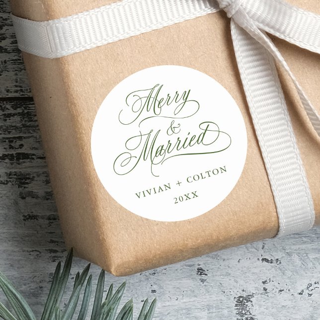 Forest Green Merry & Verheiratet New Weds Weihnach Runder Aufkleber (Von Creator hochgeladen)