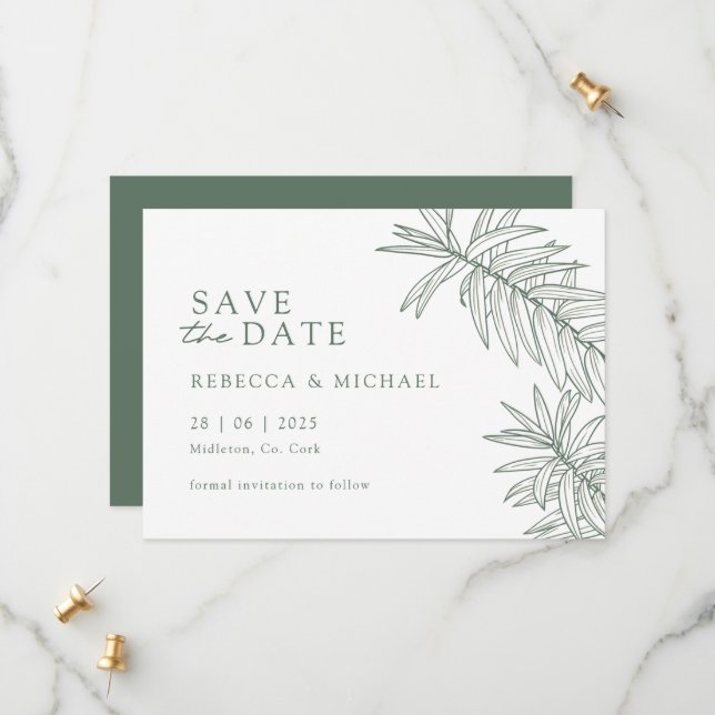 Forest Green Minimalistisch Botanic Save the Date (Vorderseite/Rückseite Beispiel)