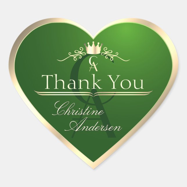 Forest Green mit Gold Frame Monogram Vielen Dank Herz-Aufkleber (Vorderseite)
