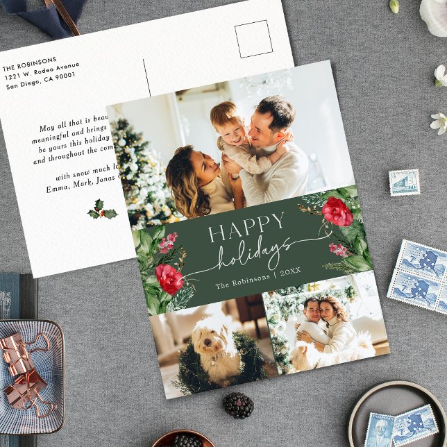 Forest Green Modern Script Foto Holiday Postcard Postkarte (Von Creator hochgeladen)