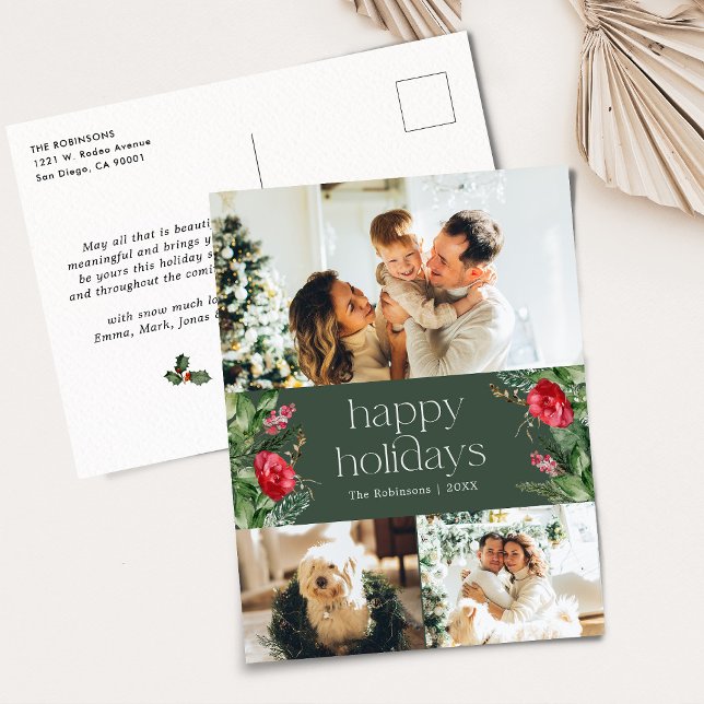 Forest Green Moderne botanische 3-Foto-Ferien Postkarte (Von Creator hochgeladen)