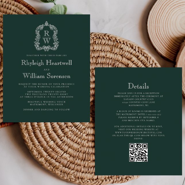 Forest Green Monogram Wappen QR Code Hochzeit (Von Creator hochgeladen)