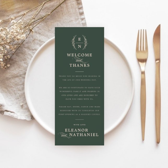 Forest Green Monogram Welcome & Danke Wedding (Forest Green Monogram Welcome & Thanks Wedding Thank You Card)