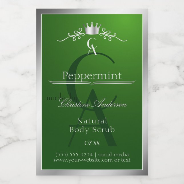 Forest Green Product Label Silver Frame Monogram Lebensmitteletikett (Einzelnes Label)