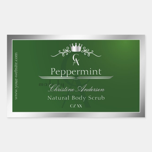 Forest Green Product Label Silver Frame Monogram Rechteckiger Aufkleber (Vorderseite)