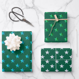 Forest Green Silver Türkise Blue Stars Geschenkpapier Set