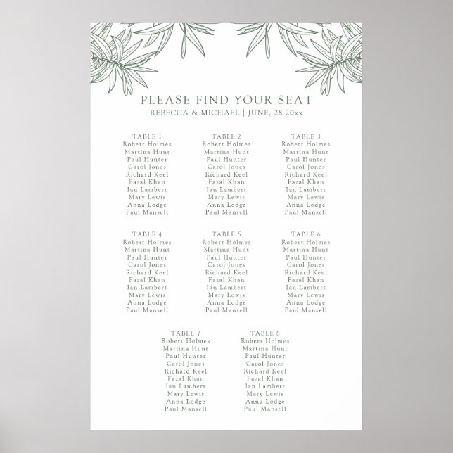 Forest Green Simple Botanic Seating Chart Poster (Vorne)