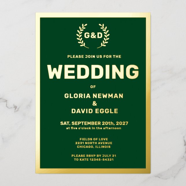 Forest Green Typografy Wedding Real Gold Folieneinladung (Vorderseite)
