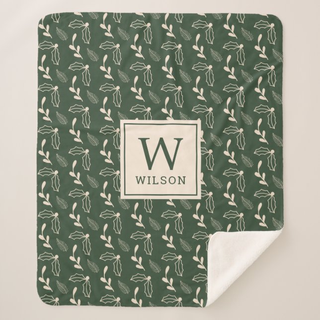 Forest Green und Beige Monogram Name Christmas Sherpadecke (Vorderseite)
