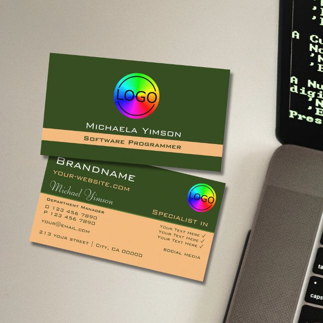 Forest Green und Peach Chic mit Logo Beruflich Visitenkarte (Von Creator hochgeladen)