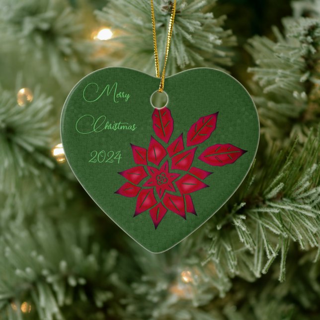 Forest Green und Red Poinsettia Keramik Ornament (Baum)