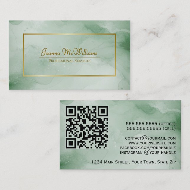 Forest Green Watercolor & Gold Stylischer QR Code Visitenkarte (Vorne/Hinten)