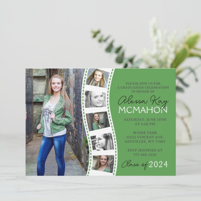 Forest Green & White Filmstrip 6 Foto Abschluss Einladung (Stehend Vorderseite)