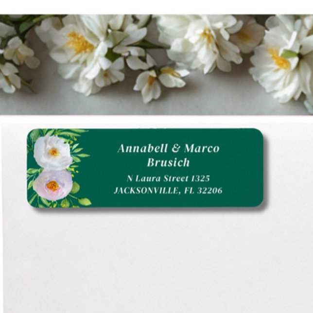 Forest Green White Floral Wedding Return Address (Von Creator hochgeladen)