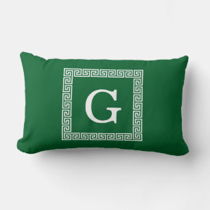 Forest Green, White Greece Key #1 Gerahmt Monogram Lendenkissen
