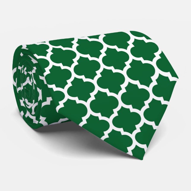 Forest Green White marokkanische Quatrefolienmuste Krawatte (Gerollt)