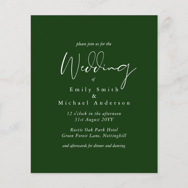 Forest Green White Script Budget Hochzeit (Vorderseite)